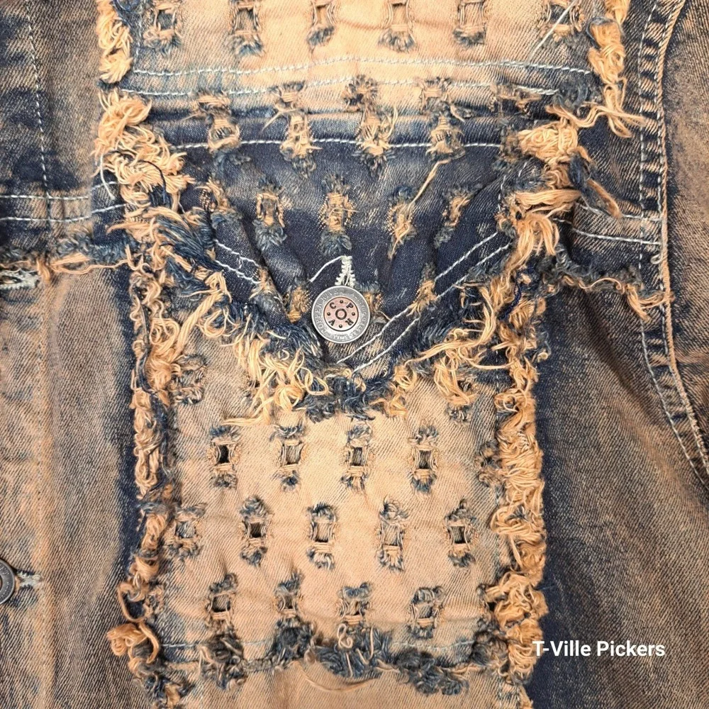 Copper Rivet Mens Distressed Deconstructed Denim Jacket Tan Indigo Large